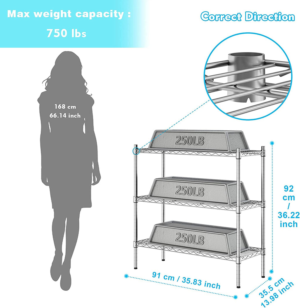 3-Shelf Storage Wire Shelves Heavy Duty 3 Tiers Standing Shelving Units Adjustable Metal Organizer Wire Rack, Chrome