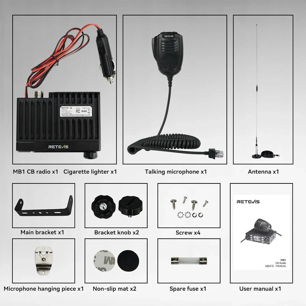 MB1 CB Radio[with CB Antenna], AM/FM CB Mobile Radio Bundle with Coaxial Cable, 40 Channel Base Station, Noise