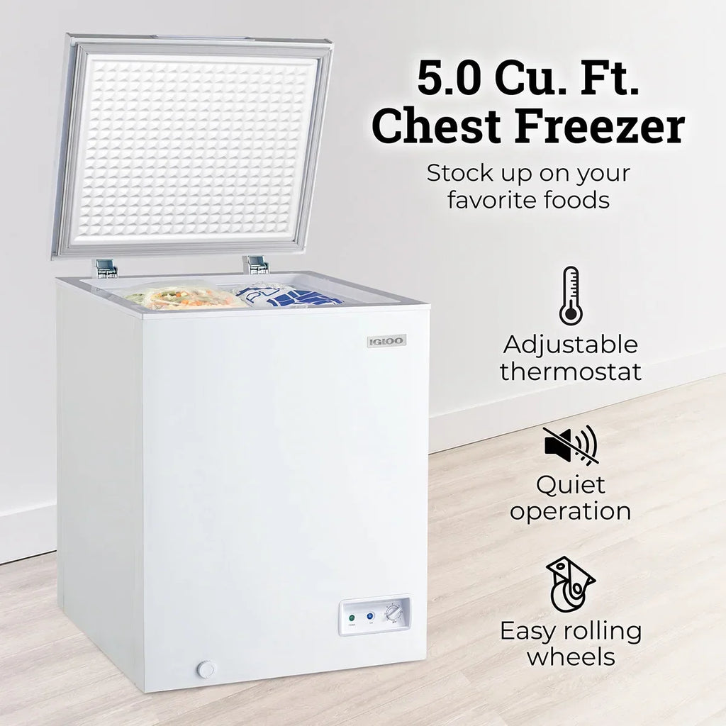Igloo 5.0 Cu. Ft. Chest Freezer With Removable Basket, Free-Standing Door Temperature Ranges From-10?- to 10?- F, Front Defrost Water Drain, Perfect for Homes, Garages, Basements, RVs, White