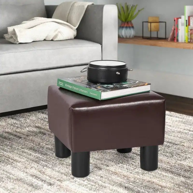 Square Footrest Stool with Upholstered Seat and Wooden Legs