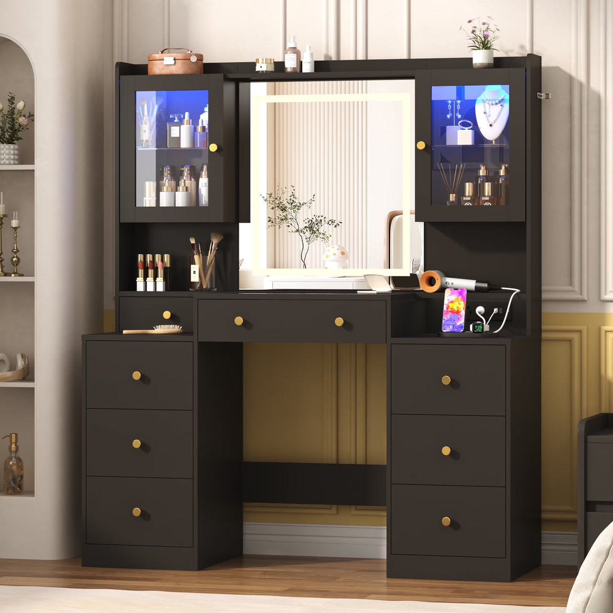 Chvans 62'' Large Vanity Desk with Tempered Glass Top, 60000 - Color LED Lights, Charging Station, White Makeup Vanity with 3 Lights Mode LED Mirror, 9 Drawers, 2 RGB Cabinets for Women, Girls Gift