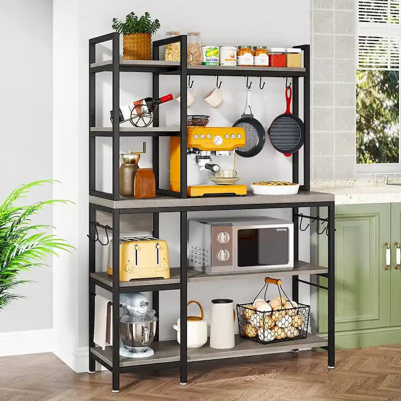 43-Inch Kitchen Bakers Rack with Microwave Stand - 5-Tier Utility Storage Shelf and 10 Hooks for Kitchen and Living Room