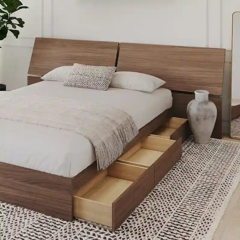 Walnut Nexera Storage Bed with Integrated Headboard