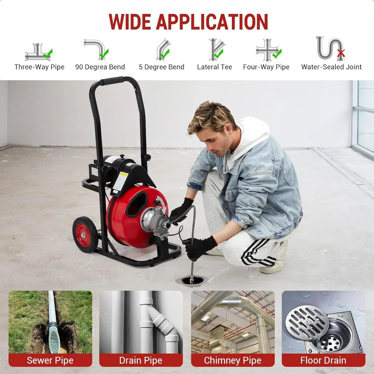 Telyswee Drain Cleaner Machine 100ft x 1/2inch Auto-feed Electric Drain Auger for 1in to 4in Pipes, w/ 8 Cutters & Air-activated Foot Switch, 250W/370W 1700RPM Drain Sewer Snake Drain Auger Cleaner