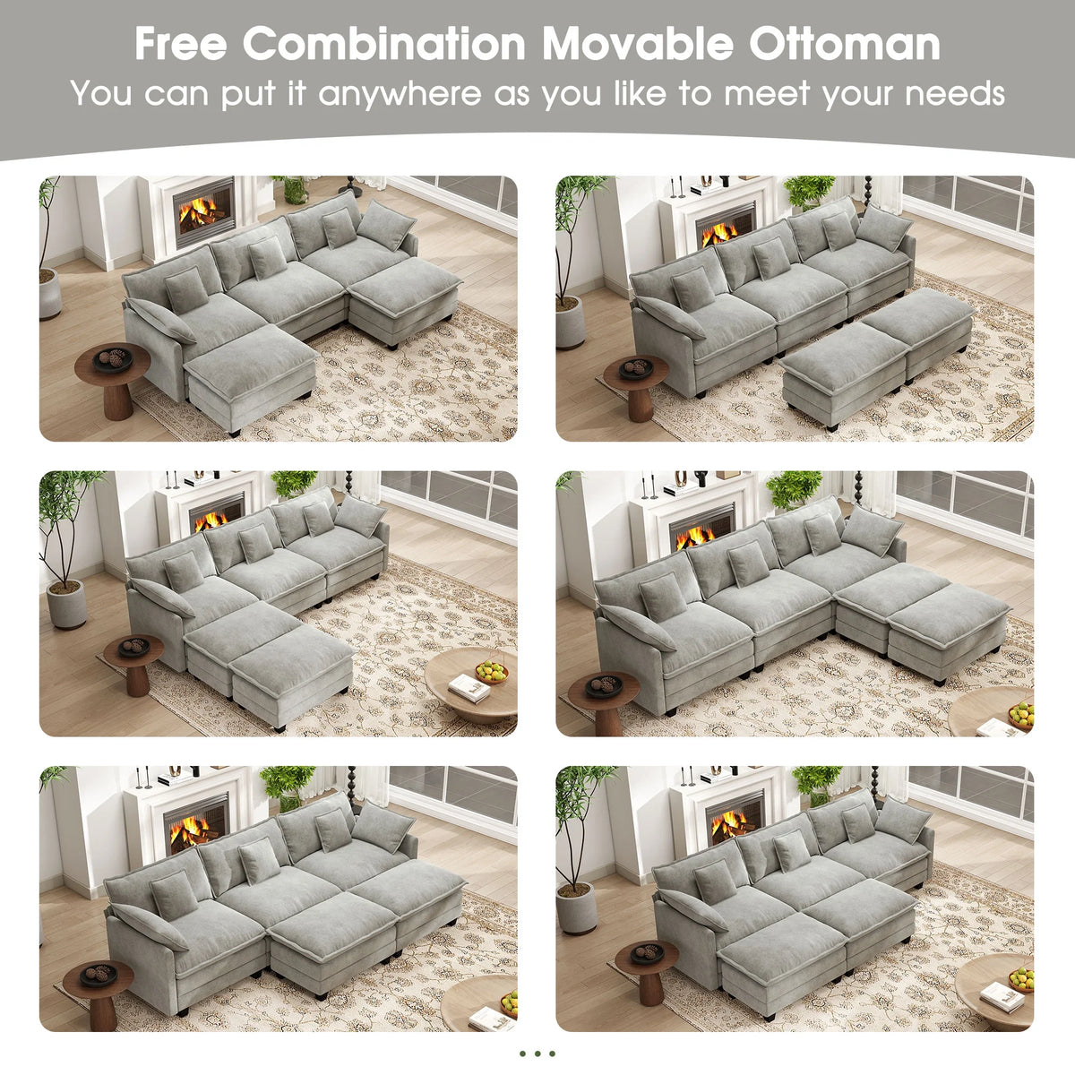 Bedluxury 111.5'' Modular Sectional Sofa with Movable Ottomans, U Shaped Cloud Couch for Living Room, 3 - Seat, Grey
